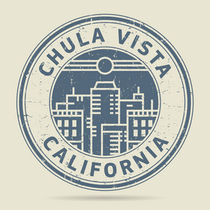Grunge 橡皮戳或带有文本丘拉维斯塔，加州的标签
