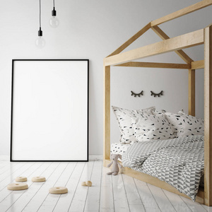 小样在孩子的卧室，斯堪的纳维亚风格室内背景，3d 渲染帧海报