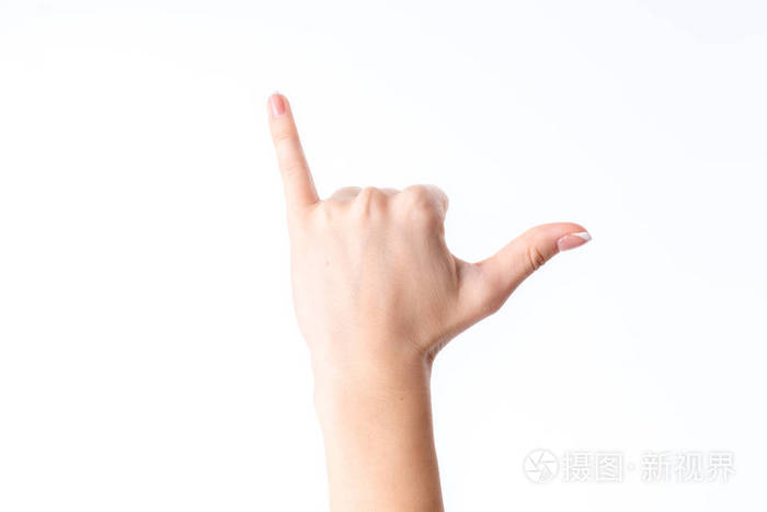显示与手势的女性手伸了小手指和拇指孤立在白色背景上