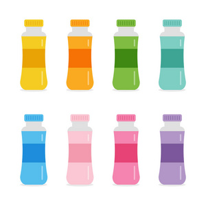 集,集合的孤立在白色背景的彩色平面设计饮料瓶照片