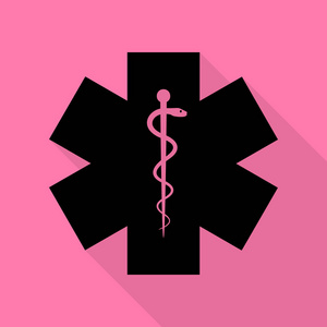 医疗紧急情况或明星的生活象征。与平面样式阴影路径在粉红色的背景上的黑色图标