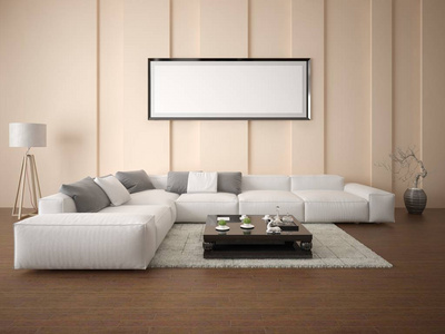 模拟出海报明亮的客厅里，有一个角落的沙发