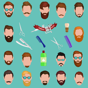 组的胡须和小胡子男人卡通发型。集合款式新颖时尚。矢量图孤立在白色背景上赶时髦的人