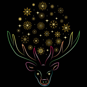 金雪花排列形状圆之间鹿的角。手绘彩色轮廓的驯鹿。完美的节日设计