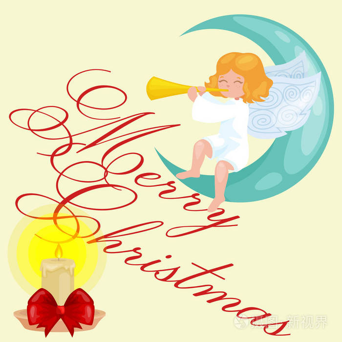 圣诞假期飞行快乐的天使翅膀与黄金喇叭像基督教的宗教或新年矢量图中