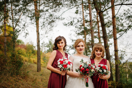 新娘与伴娘上红色的礼服，在秋天松木