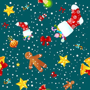 甜饼无缝模式姜饼人饼干，铃儿放养礼品，圣诞节背景装饰元素纹理矢量装饰插画，冬天假日袜子糖果和礼物