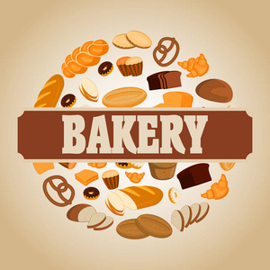 矢量面包店海报与面包 甜面包 饼干 羊角面包 蛋糕 甜甜圈产品