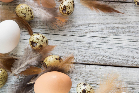 复活节彩蛋和鸡羽毛制成的复活节背景