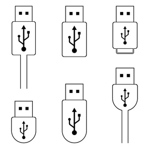 孤立在白色背景上的 Usb 闪存驱动器大纲图标集