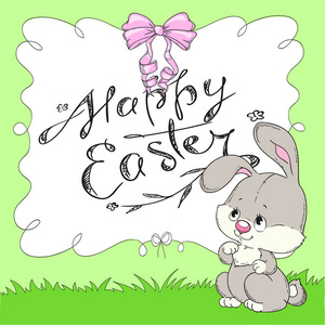 复活节快乐。可爱的小兔子在草地上。贺卡，文本的空间。祝贺的模板