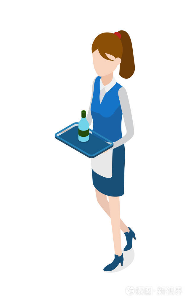 餐厅.女服务员用托盘走在手