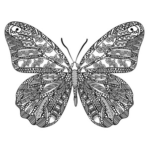 蝴蝶与民族涂鸦图案。Zentangle 启发的模式动物抗应激着色书页的成人和孩子