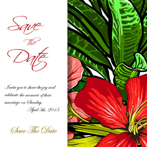 婚礼邀请或卡设计与奇异的热带花和叶。矢量