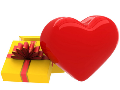 3d 框与一份礼物，一颗红色的心