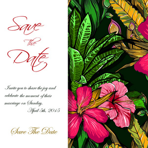 婚礼邀请或卡设计与奇异的热带花和叶。矢量