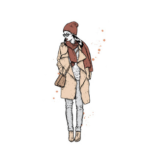 美丽的女孩，在一件外衣，一顶帽子和一条围巾。衣著时髦的女人。矢量时尚插画