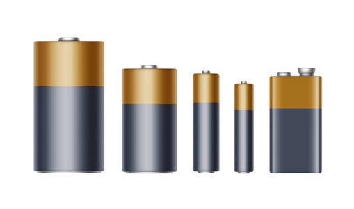 集的黑黄色金色光泽碱性电池的不同大小 Aaa Aa C D Pp3 和品牌的 9 伏电池