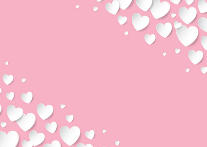 情人节卡片与散射的矢量纸心在粉红色的背景