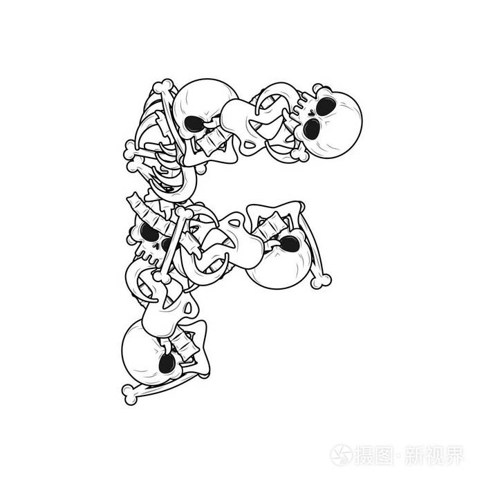 插画 字母f 骷髅骨头字体.解剖的字母符号.dea.eps