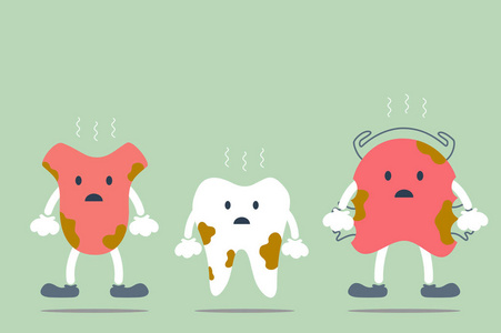 固定牙齿脏的卡通牙-牙齿, 舌头和牙齿固定器照片