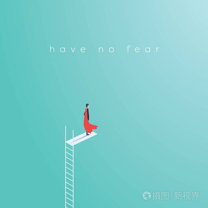 商业超级英雄商人站在高高的梯子跳.业务的勇气,勇敢,无畏,权力的象征