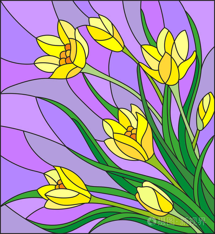 插图在彩色玻璃风格与花束的紫色背景上的黄色番红花插画-正版商用