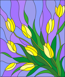 一束彩色玻璃风格的黄色 tulipson 紫色背景图
