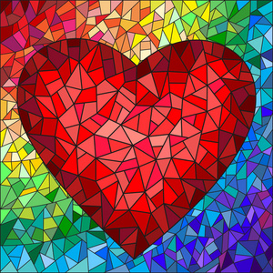 红色的心，在背景中的彩虹彩色玻璃风格的插图