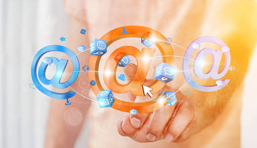 商人接触 3d 呈现电子邮件图标,用他的手指照片