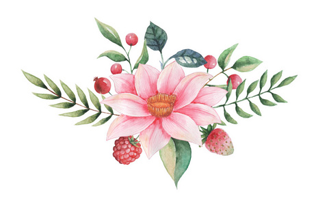 手绘水彩迷人组合的花朵和孤立的白色背景上的叶子照片