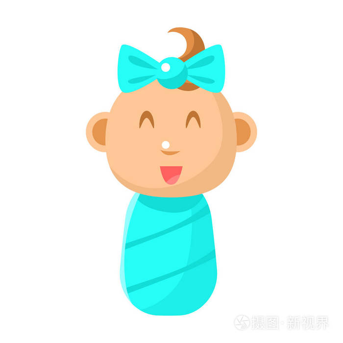 小快乐新生女婴裹着蓝色尿布矢量简单插图可爱的婴儿