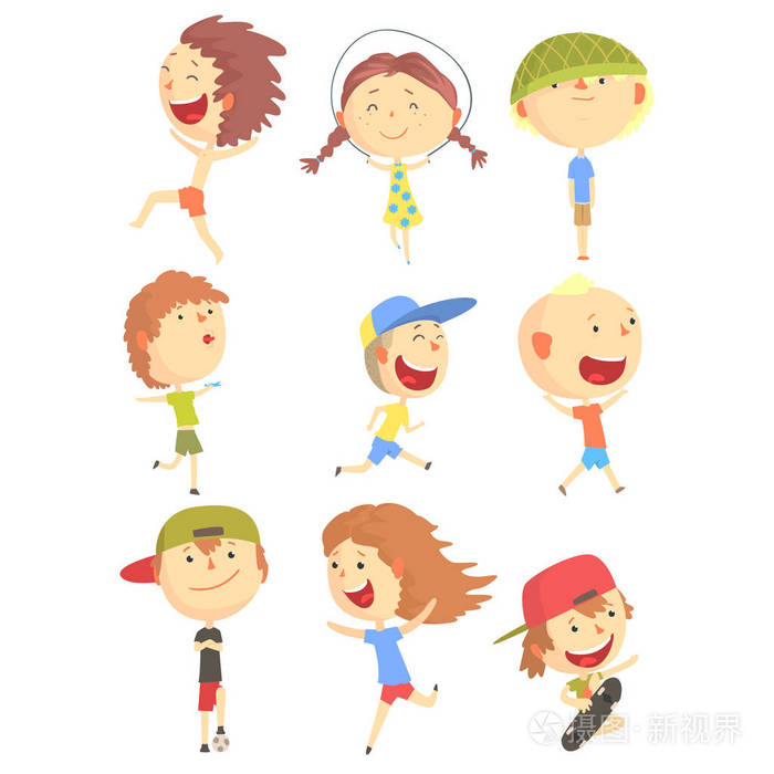 小的孩子玩和运行, 开心暑假户外系列酷卡通人物