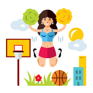 卡通插画逗人喜爱的啦啦队动画片在行动与笑矢量平篮球插画在白色背景