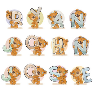 名字对于男孩瑞恩，约翰，荷西作装饰字母与泰迪熊