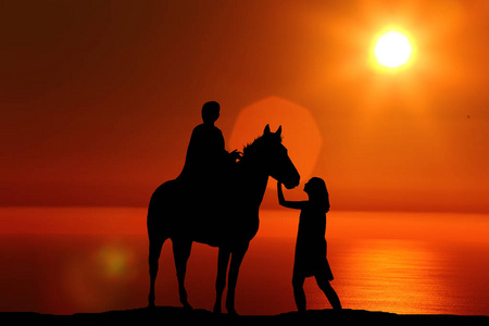 一个男人的剪影坐在马旁边的一个女孩在美丽的日落背景下