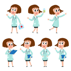 漫画的风格女性，女人医生角色穿着白色医疗外套