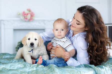 母亲 年幼的儿子和漂亮的黄金猎犬小狗在床上