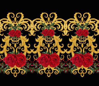 无缝模式。纹理的金色卷发。东方风格蔓藤花纹。辉煌的花边，程式化的花。镂空编织细腻，金色背景 组成 花环的红玫瑰