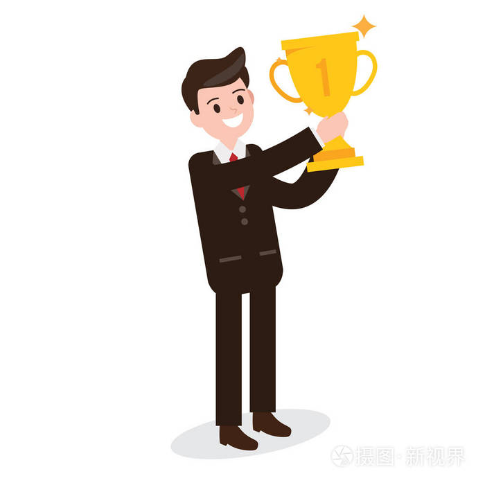 商人赢得奖杯.成功和幸福的工人.商业设计理念.矢量图