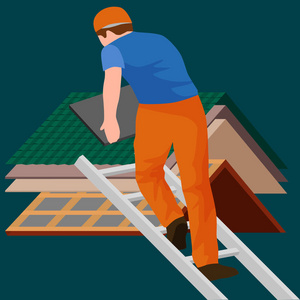 建筑工人修理屋顶回家，生成结构固定屋顶砖瓦房与劳动设备，用手中的工作工具的盖屋顶的人男子户外装修住宅矢量图