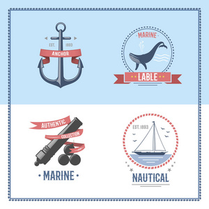 时尚航海和海洋帆船主题标签矢量
