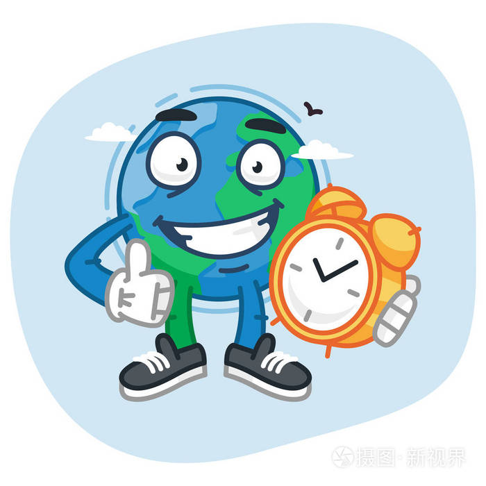 性格地球持有时钟和拇指现身