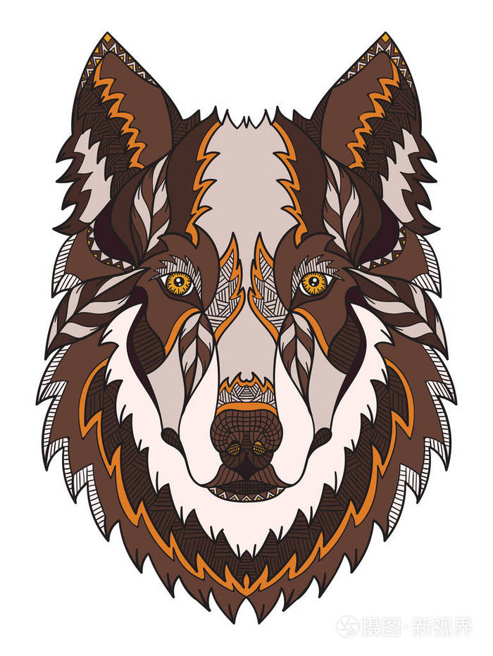 狼头zentangle 程式化,向量, 插画, 手绘铅笔, 手绘, 模式.禅宗艺术.