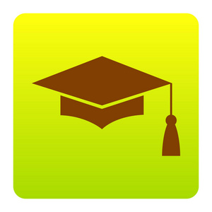 砂浆板或毕业帽，教育符号。矢量。在白色背景上的圆角绿色黄色渐变广场的棕色图标。分离