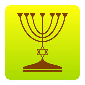 在黑色剪影的犹太烛台烛台。矢量。在白色背景上的圆角绿色黄色渐变广场的棕色图标。分离