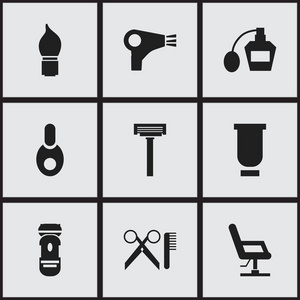 9 可编辑理发师图标集。包括符号如剃须，干燥器，胳膊肘的椅子和更多。可用于 Web 移动 Ui 和数据图表设计