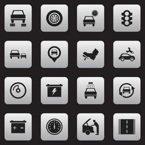 16 可编辑汽车图标集。包括轮胎 公路 交通信号灯等符号。可用于 Web 移动 Ui 和数据图表设计