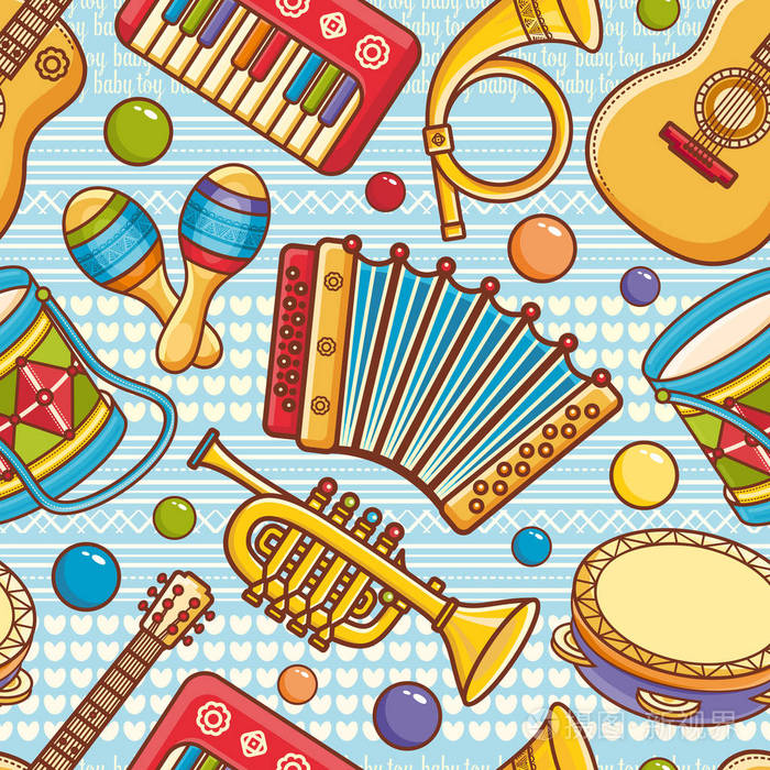 乐器无缝模式矢量的装饰品卡通风格
