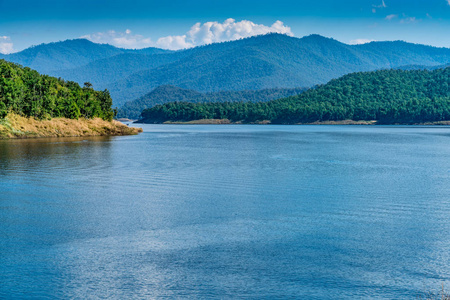 湖山和蓝色天空背景